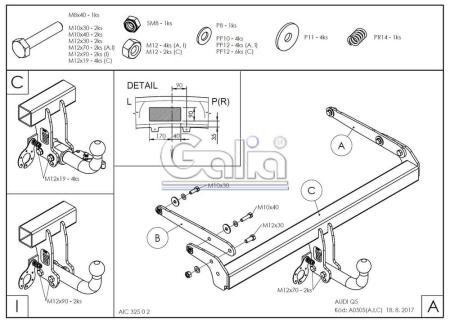 Фаркоп Galia для Audi Q5 (2017-2024) твердое крепление шара № A050A