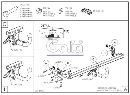 Фаркоп Galia для Citroen C3 Aircross (2018-2024) твердое крепление шара № C073A