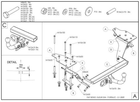Фаркоп Galia быстросъемный для Fiat Sedici 5дв. 2WD/4WD (2006-2009) № F109C