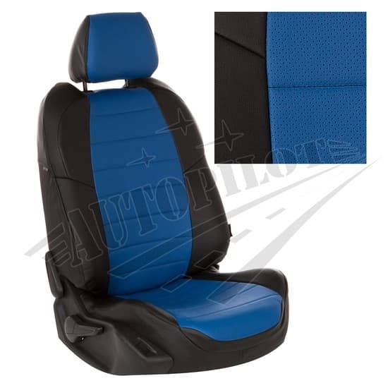 Чехлы на сиденья из экокожи (черный с синим) для Nissan Navara III (D40) с 05-15г.