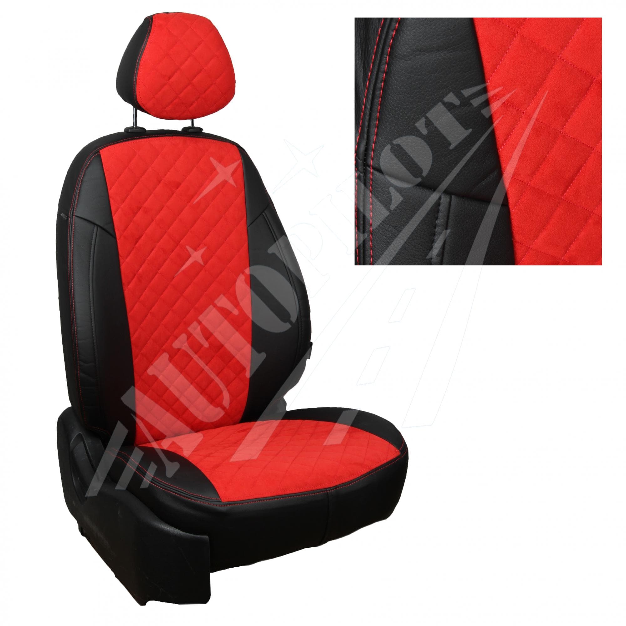 Чехлы на сиденья из алькантары ромб (черный с красным) для Skoda Karoq (Style) с задним подлокотником с 17г.