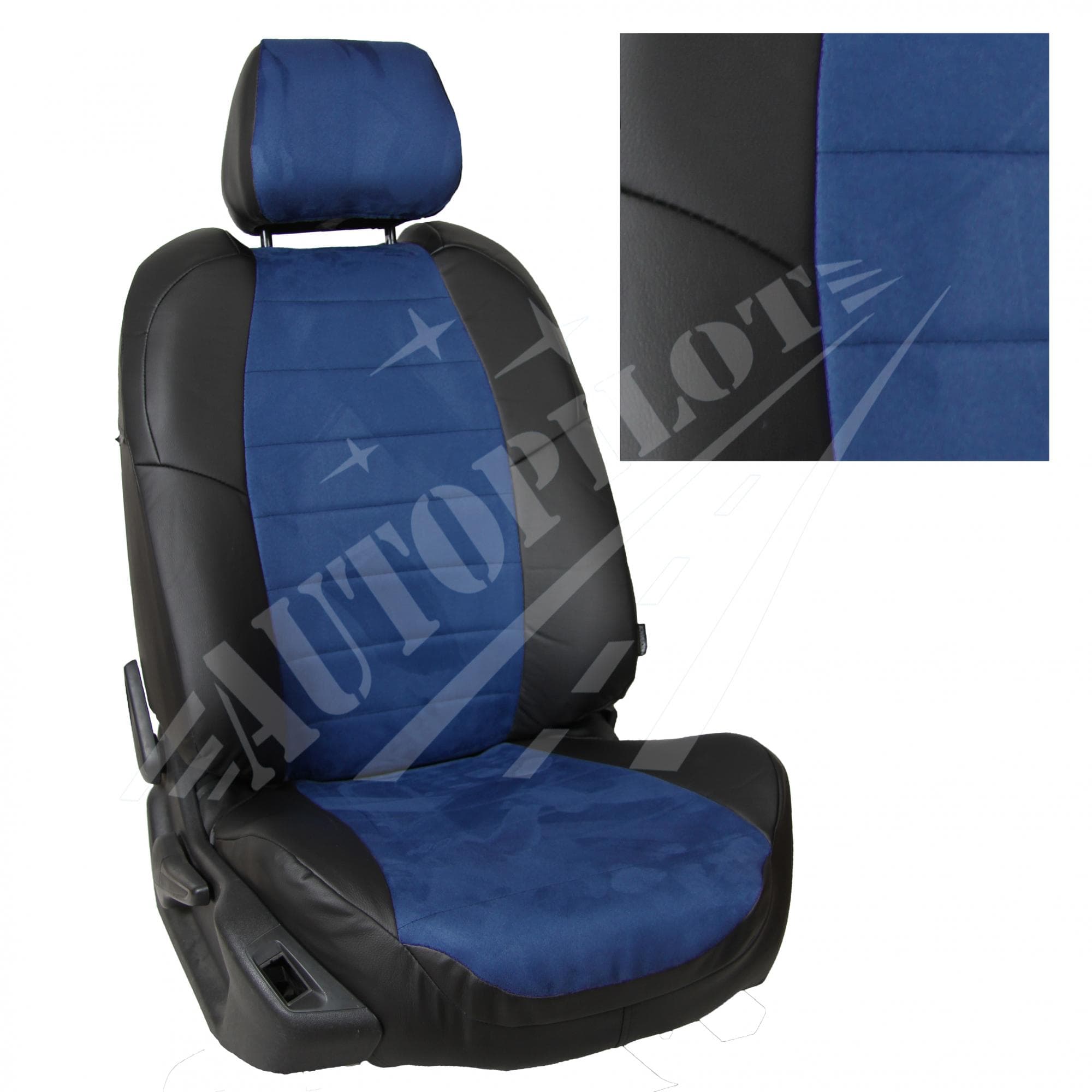Чехлы на сиденья из алькантары (черный с синим) для Skoda Karoq (Style) с задним подлокотником с 17г.